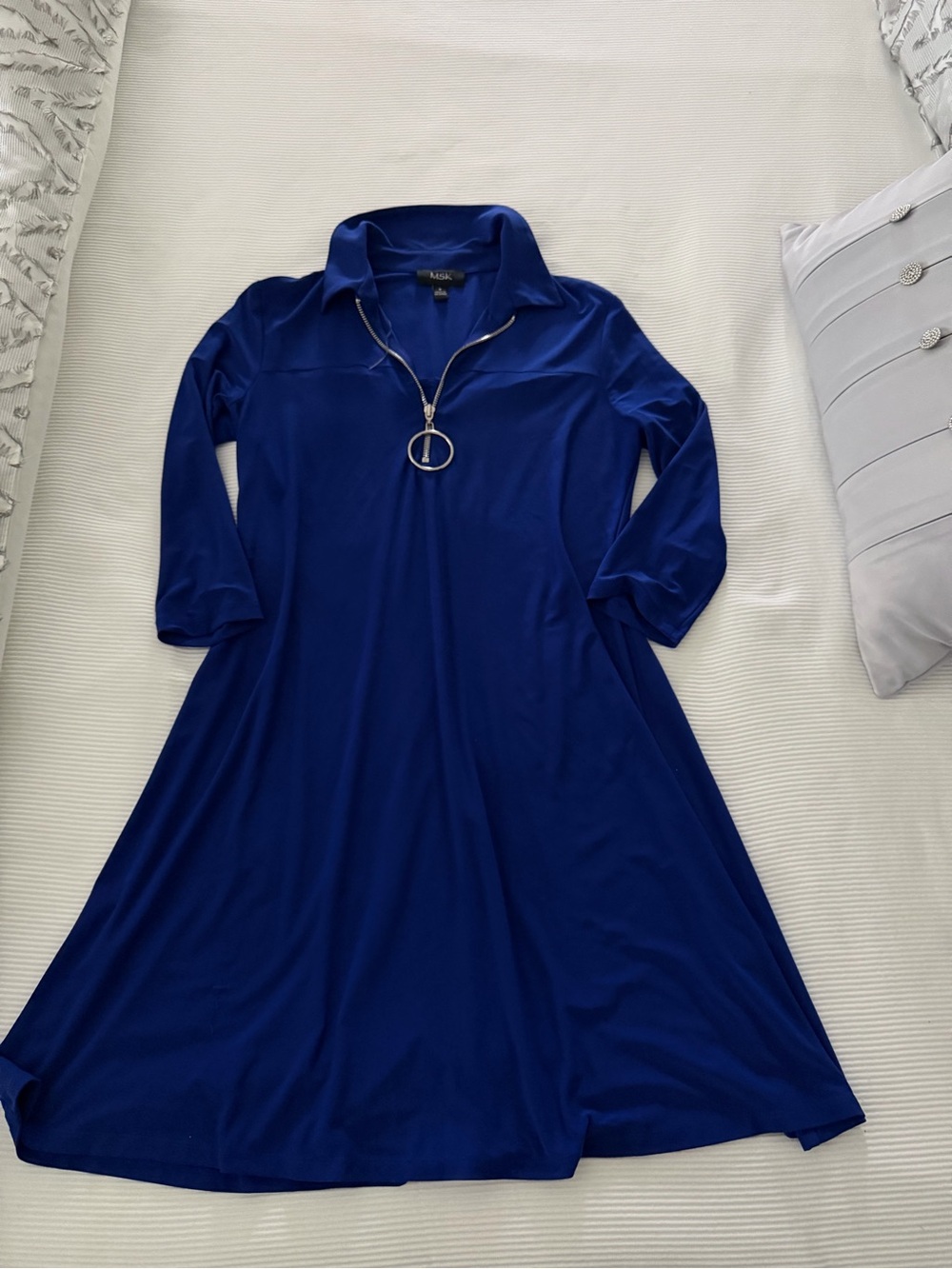 Blue Collared Zip-Front A-Line Dress
